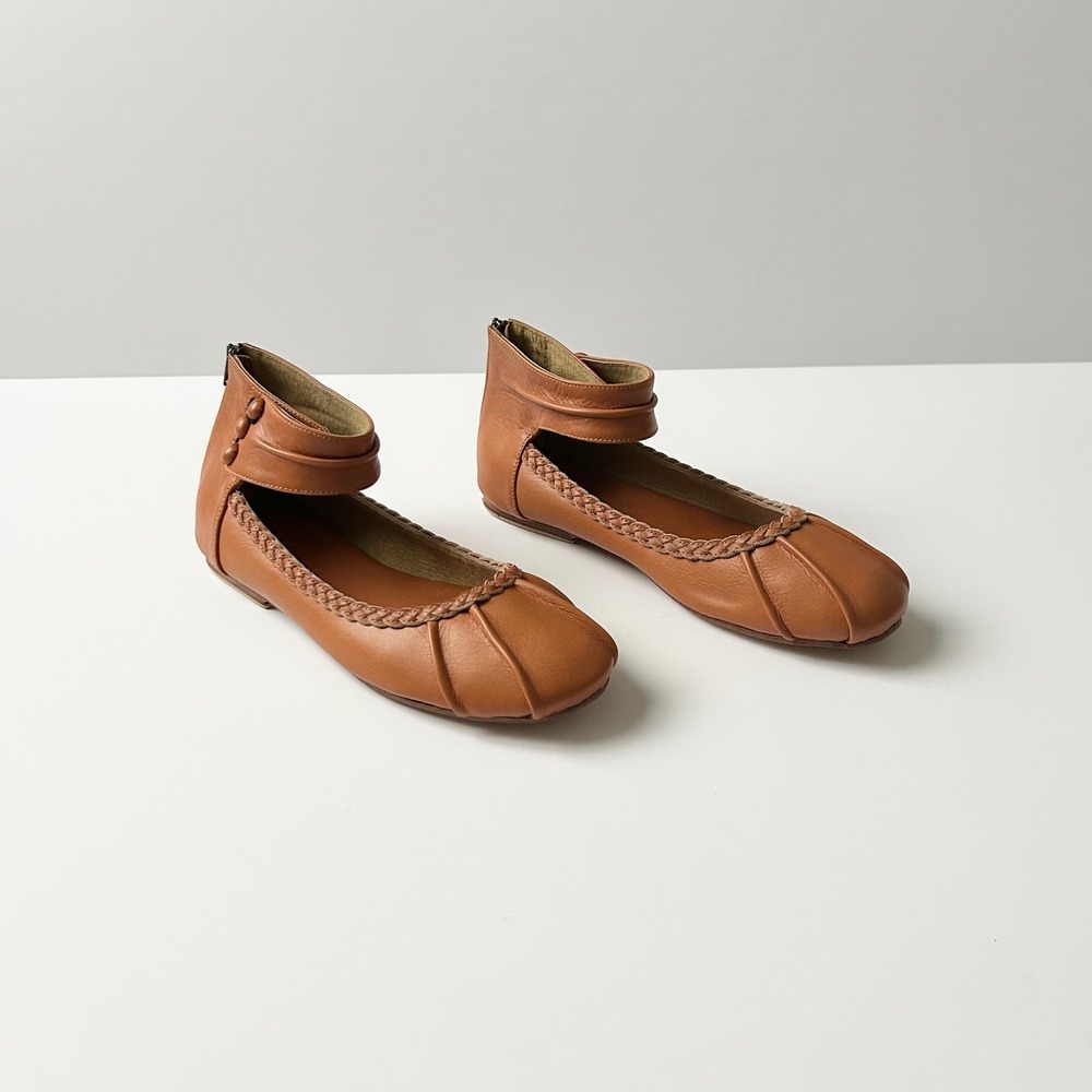 NEW ELF Muse Ankle Strap Leather Ballet Flats Dark Tan Braided Trim Zip Back 8.5